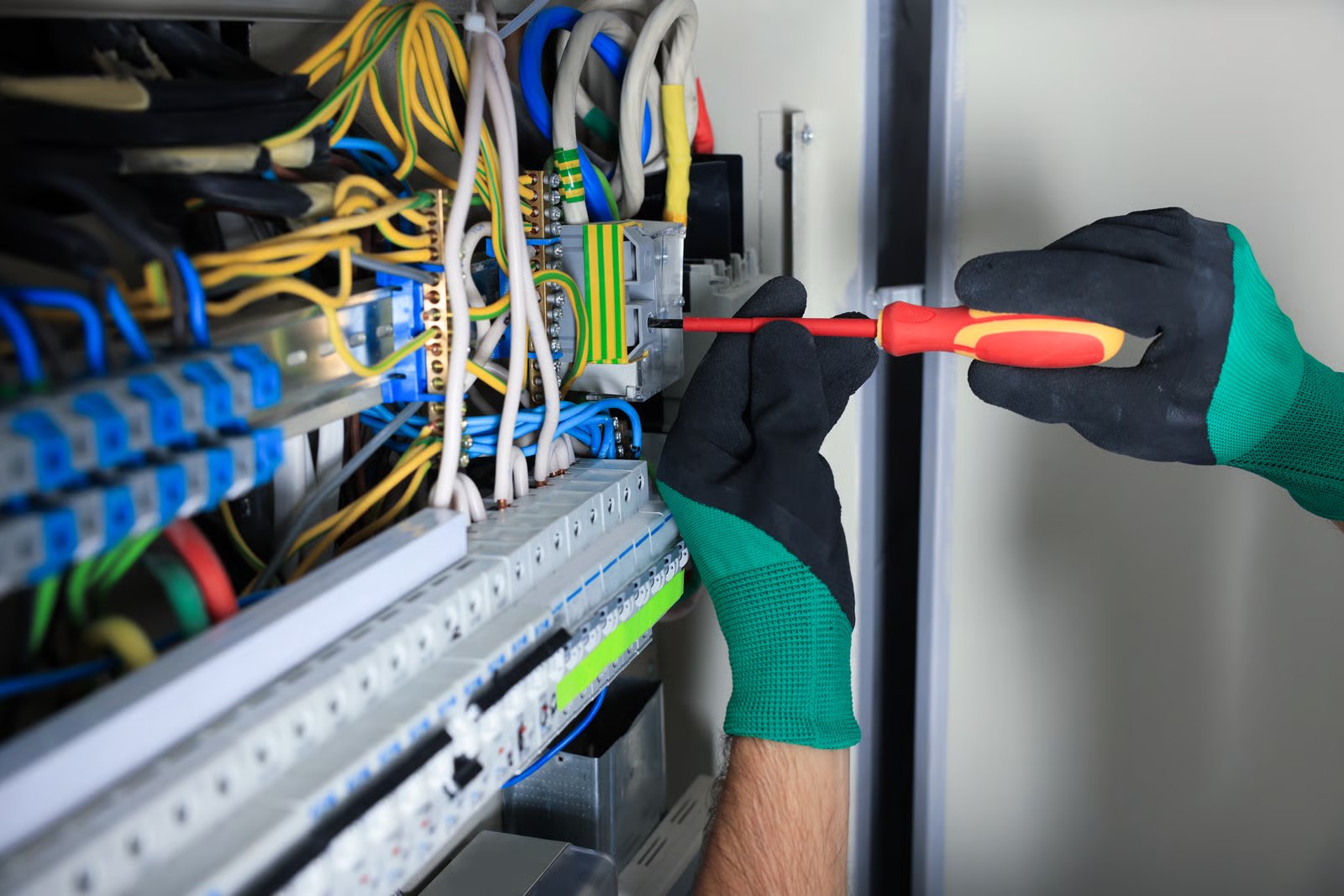 Electrician working inside a residential electrical box